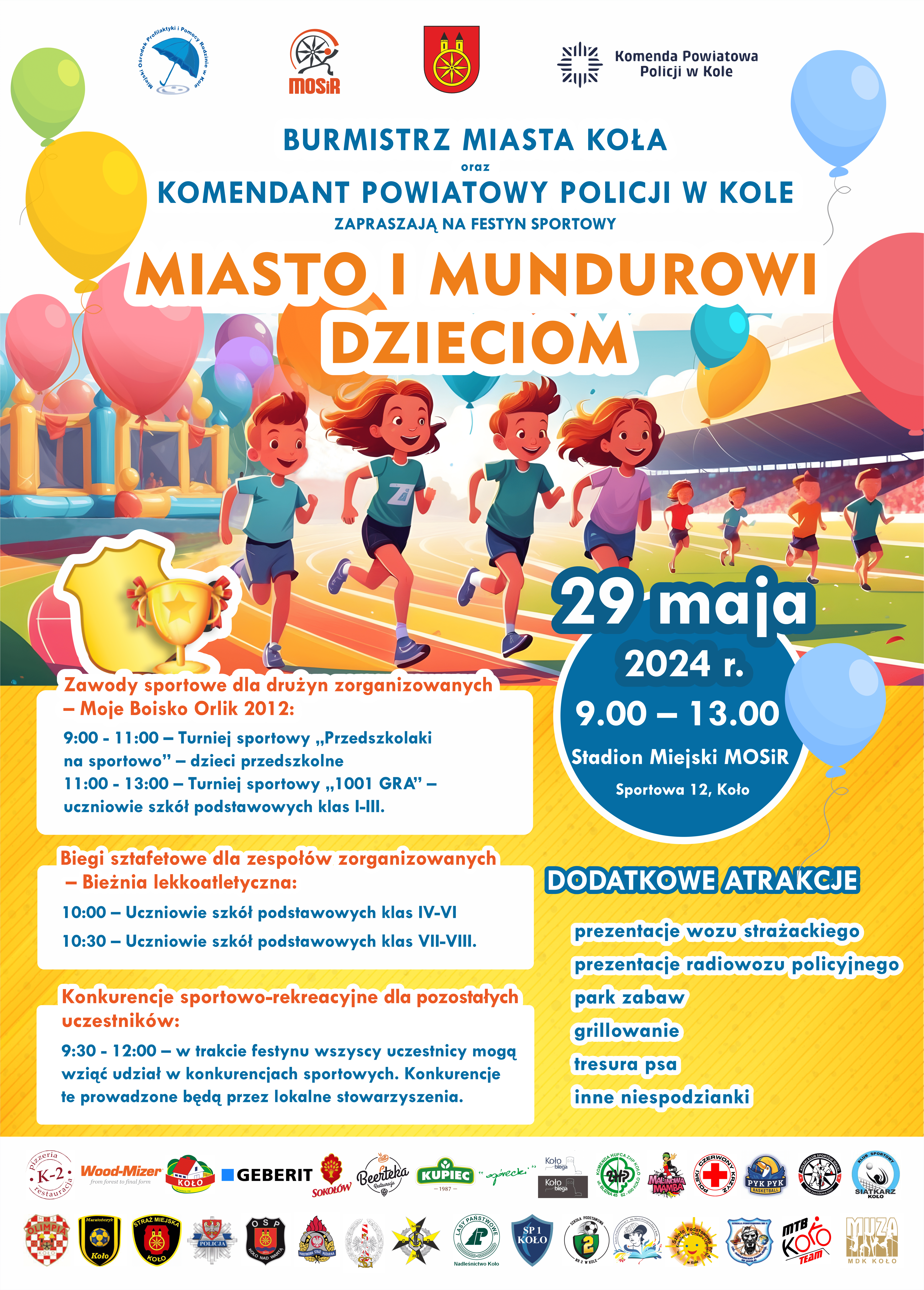 Plakat z programem festynu MIASTO I MUNDUROWI DZIECIOM, który odbędzie się 29 maja 2024