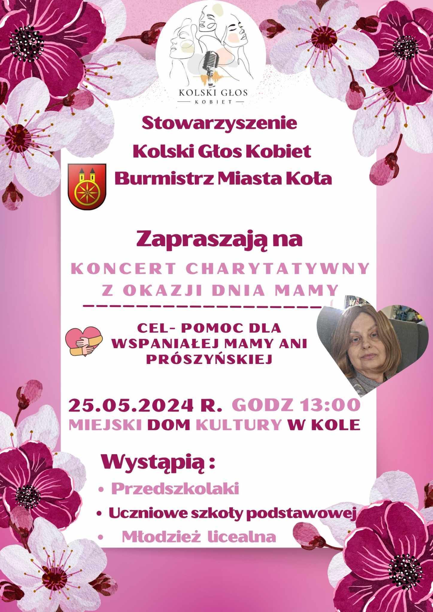 Plakat Koncertu Charytatywnego z okazji Dnia Mamy, w każdym rogu plakatu kolorowe kwiaty